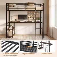 Loft Bed Single Size with Desk 2-in-1 Metal Loft Bed Frame with Charging Station
