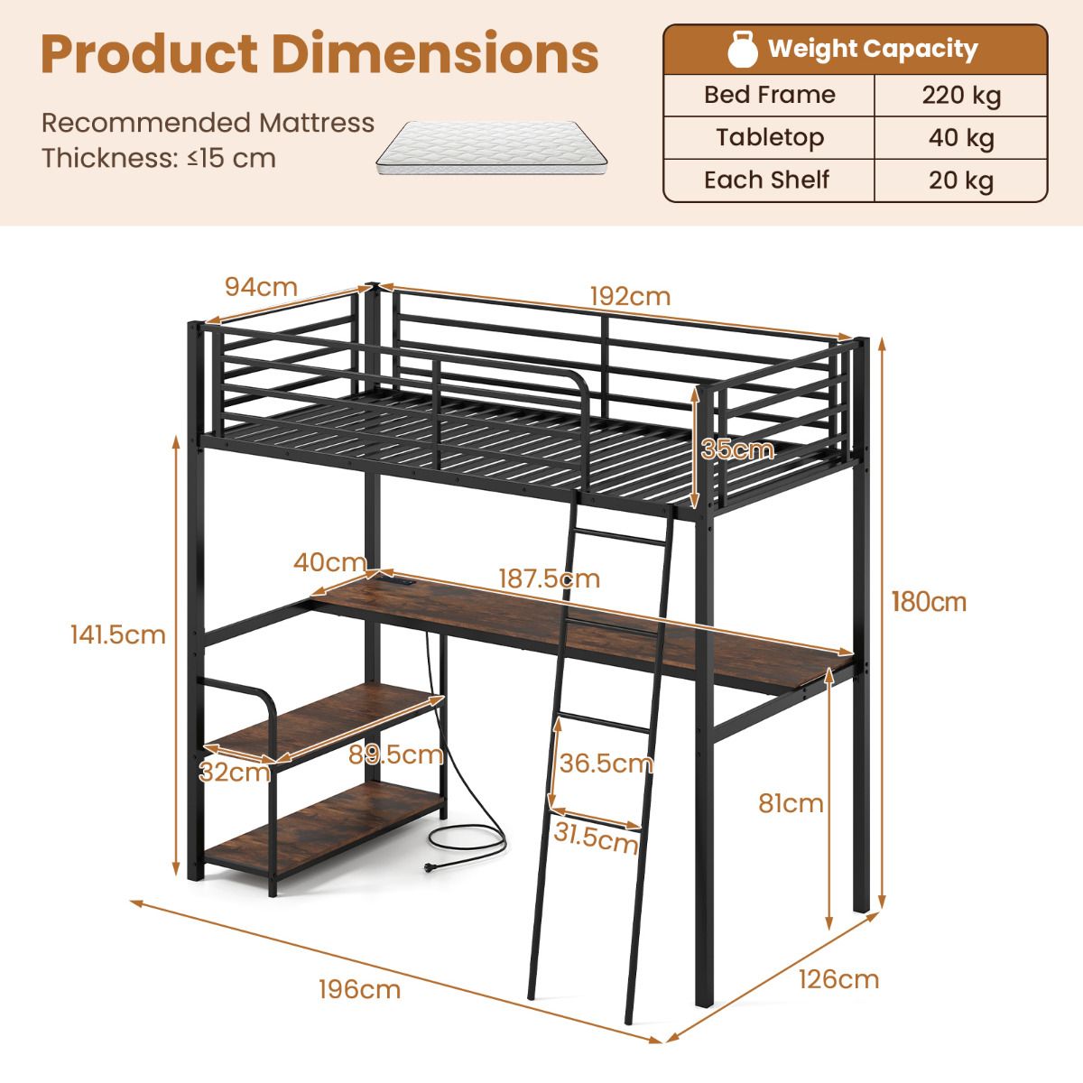 Loft Bed Single Size with Desk 2-in-1 Metal Loft Bed Frame with Charging Station
