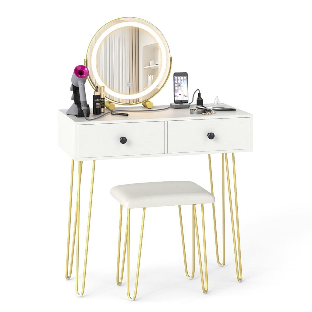 Makeup Dressing Table with Built-in Charging Station and 2 Drawers