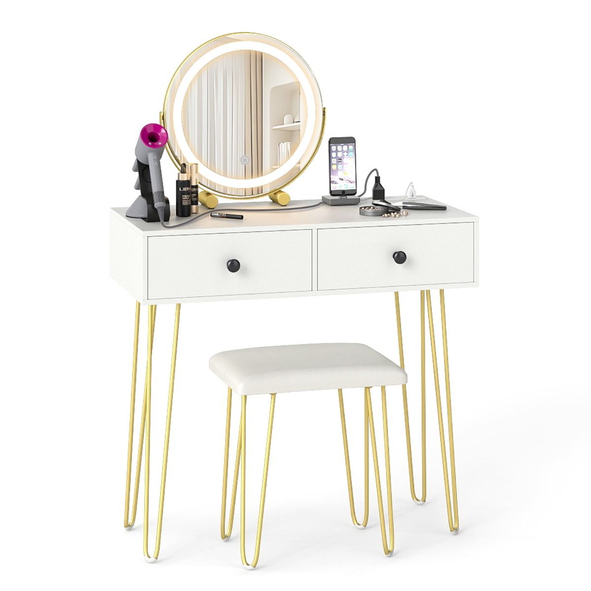 Makeup Dressing Table with Built-in Charging Station and 2 Drawers