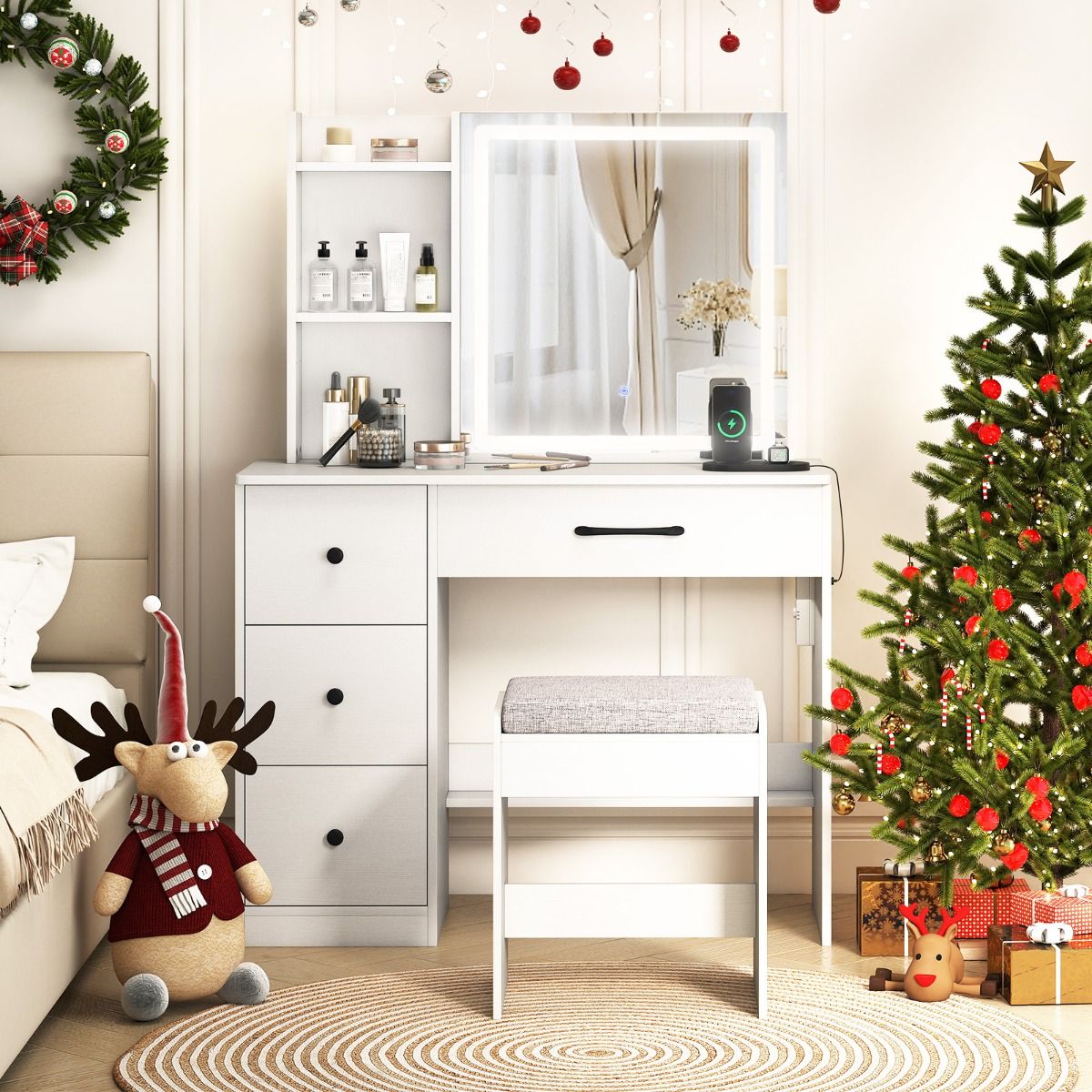 Makeup Table and Chair Set with 4 Drawers and Storage Shelves