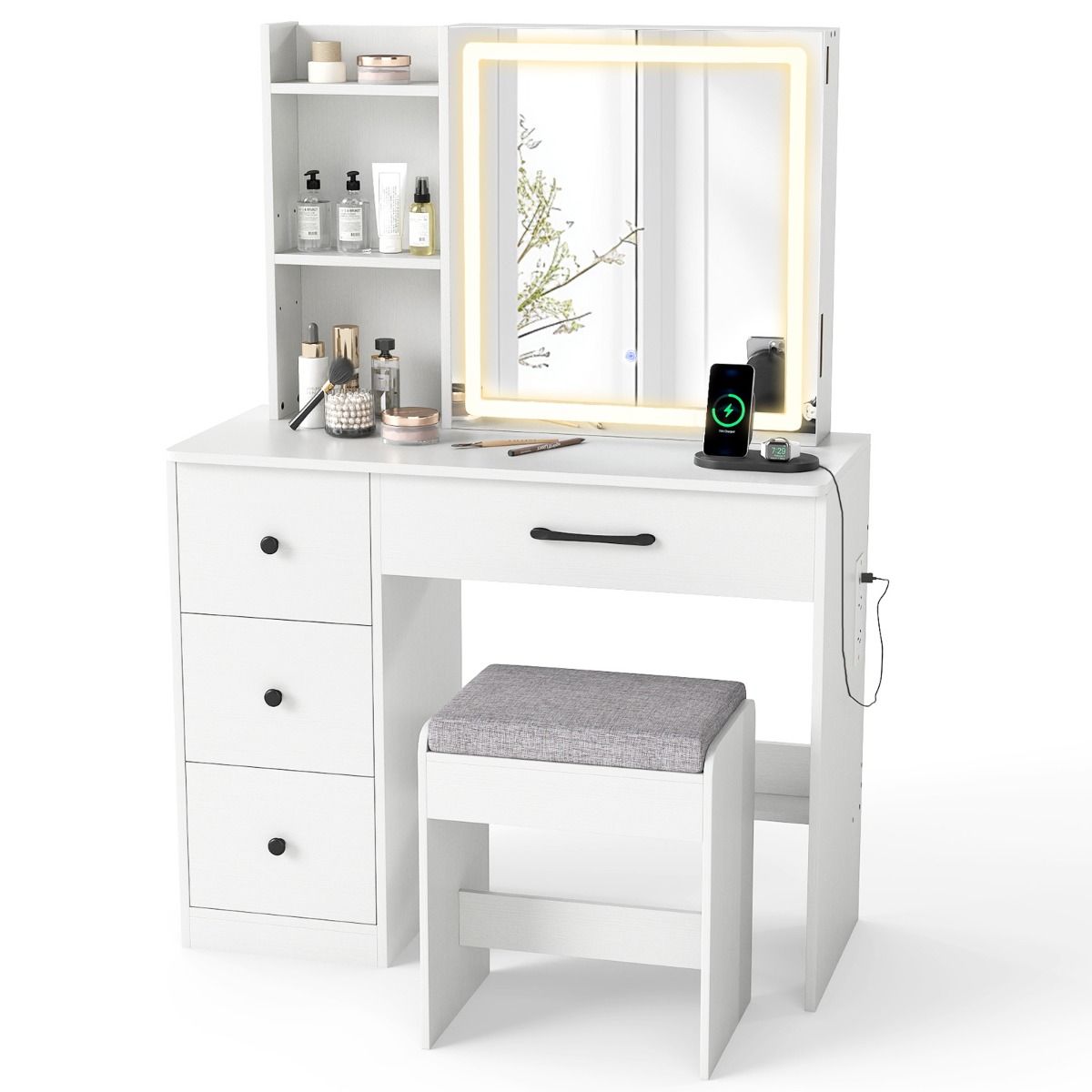 Makeup Table and Chair Set with 4 Drawers and Storage Shelves