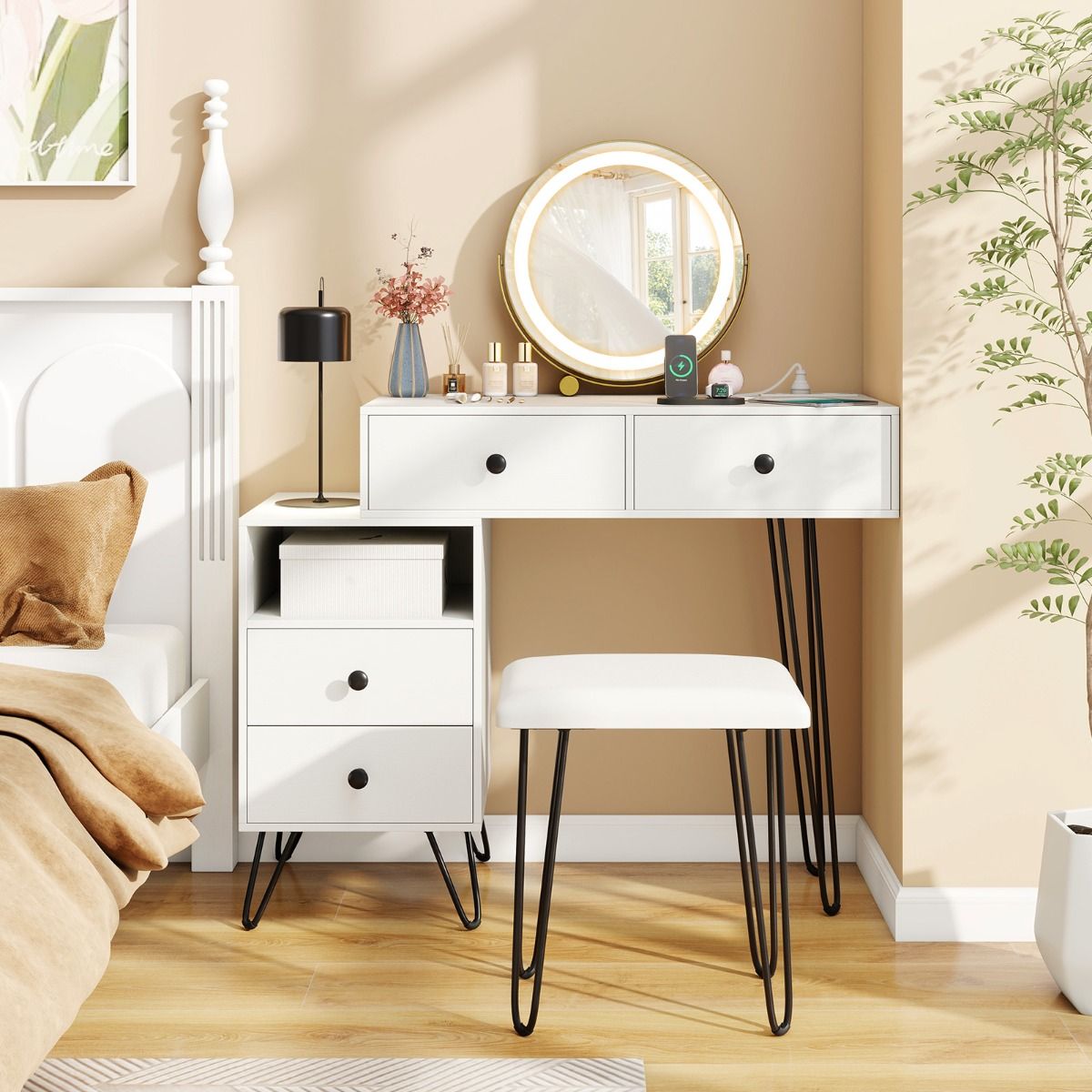 Makeup Vanity Desk with Charging Station and Rotatable Mirror