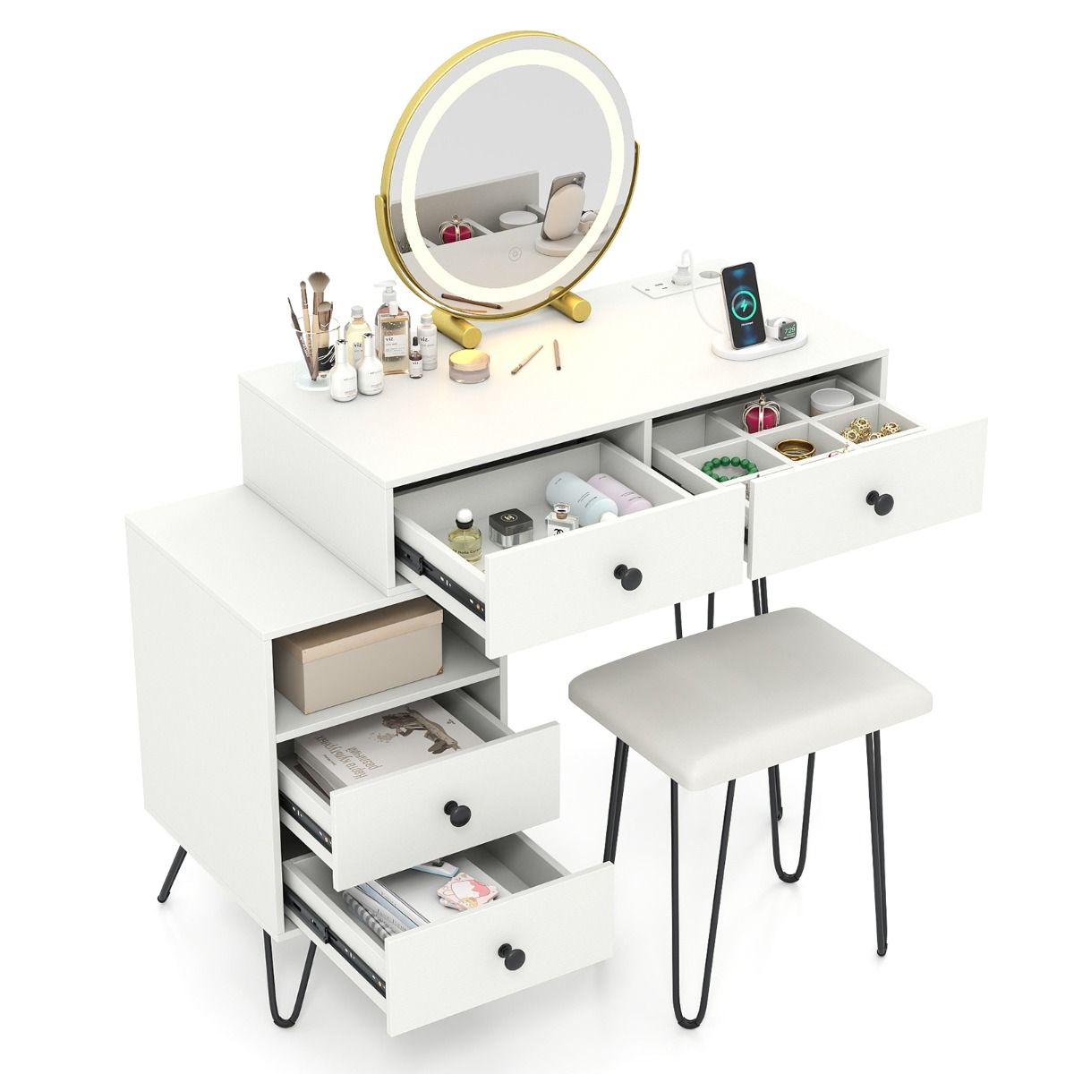 Makeup Vanity Desk with Charging Station and Rotatable Mirror