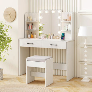 Makeup Vanity Desk with Lighted Mirror and Open Shelves for Bedroom