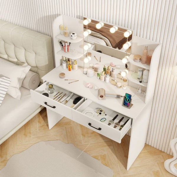 Makeup Vanity Desk with Lighted Mirror and Open Shelves for Bedroom