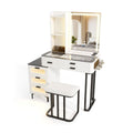 Giantex Makeup Vanity Desk with Mirror and Lights, Dressing Table and Stool Set with Charging Station, 3-Color LED Lights