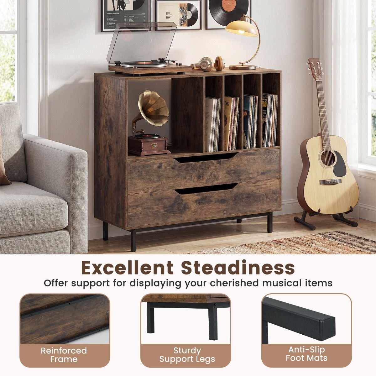 Mid Century Turntable Stand with Open Compartment