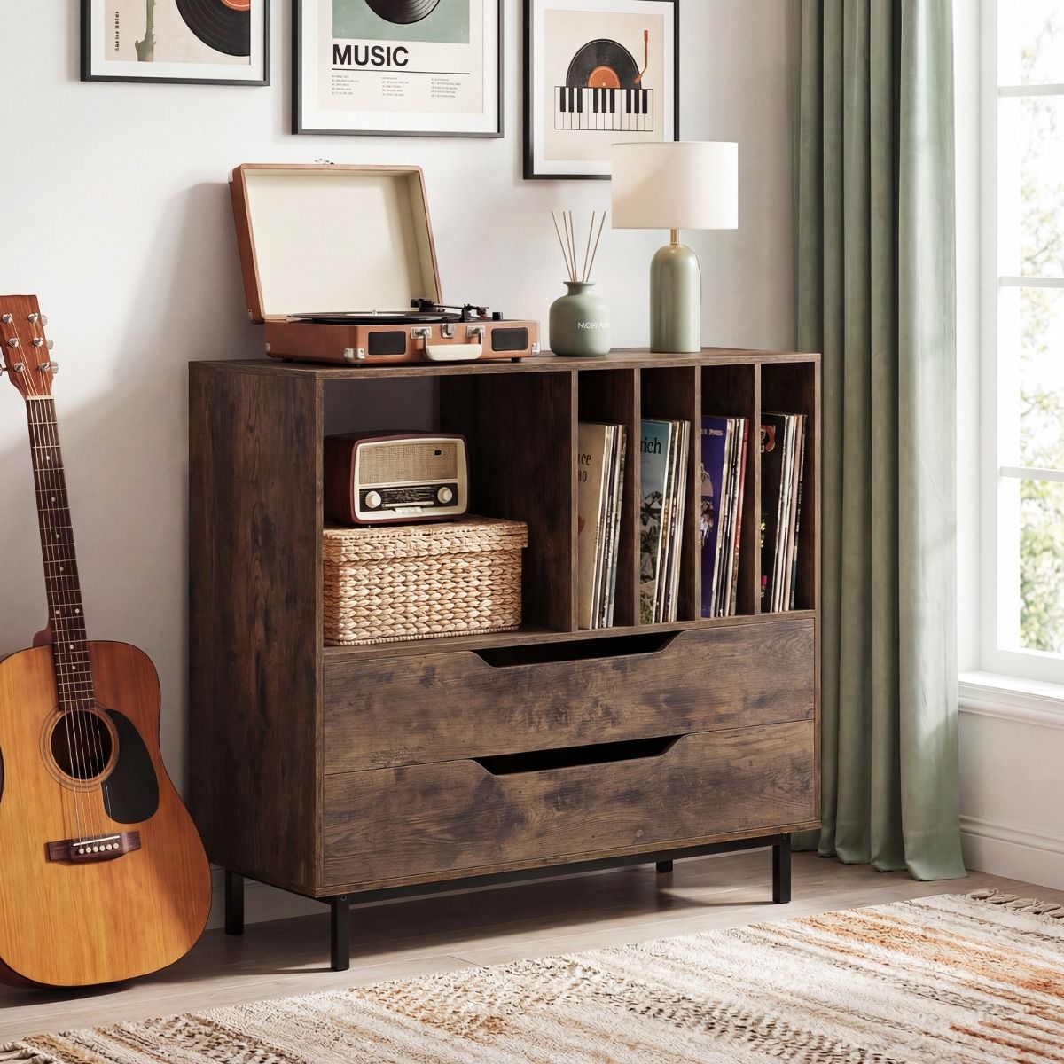 Mid Century Turntable Stand with Open Compartment