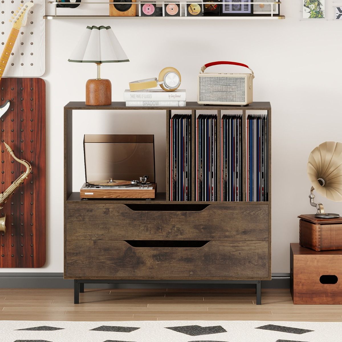 Mid Century Turntable Stand with Open Compartment