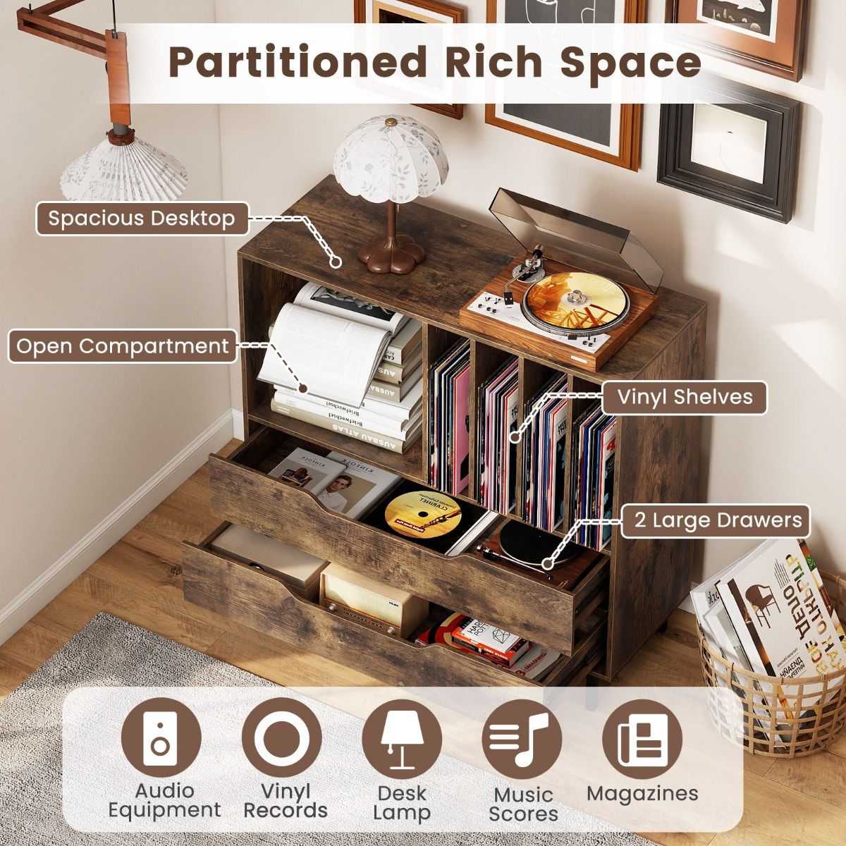 Mid Century Turntable Stand with Open Compartment