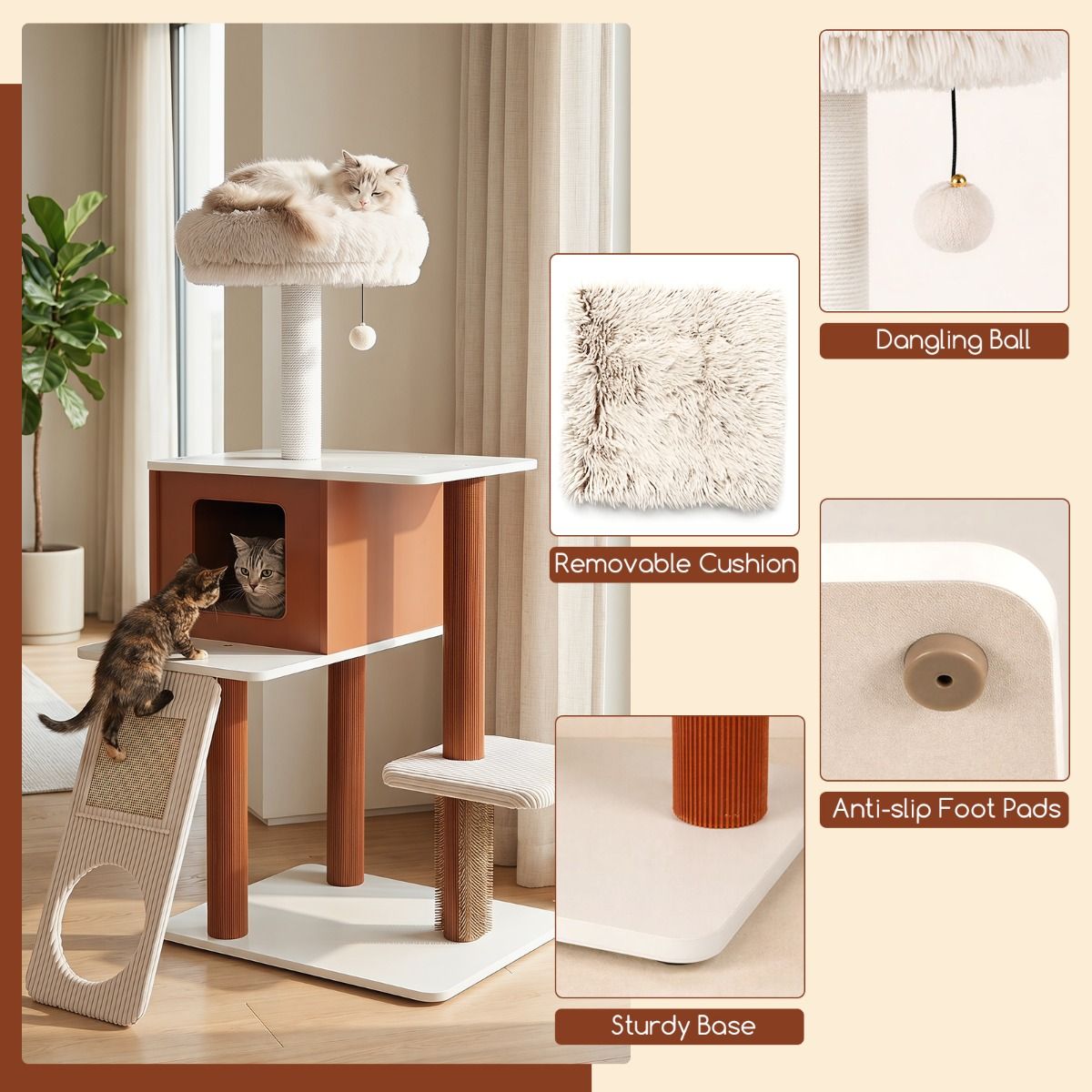 Modern Cat Tree Tower with Scratching Post and Groomer Brush