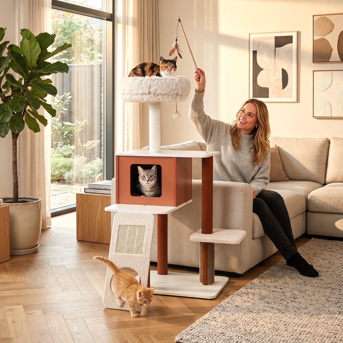 Modern Cat Tree Tower with Scratching Post and Groomer Brush