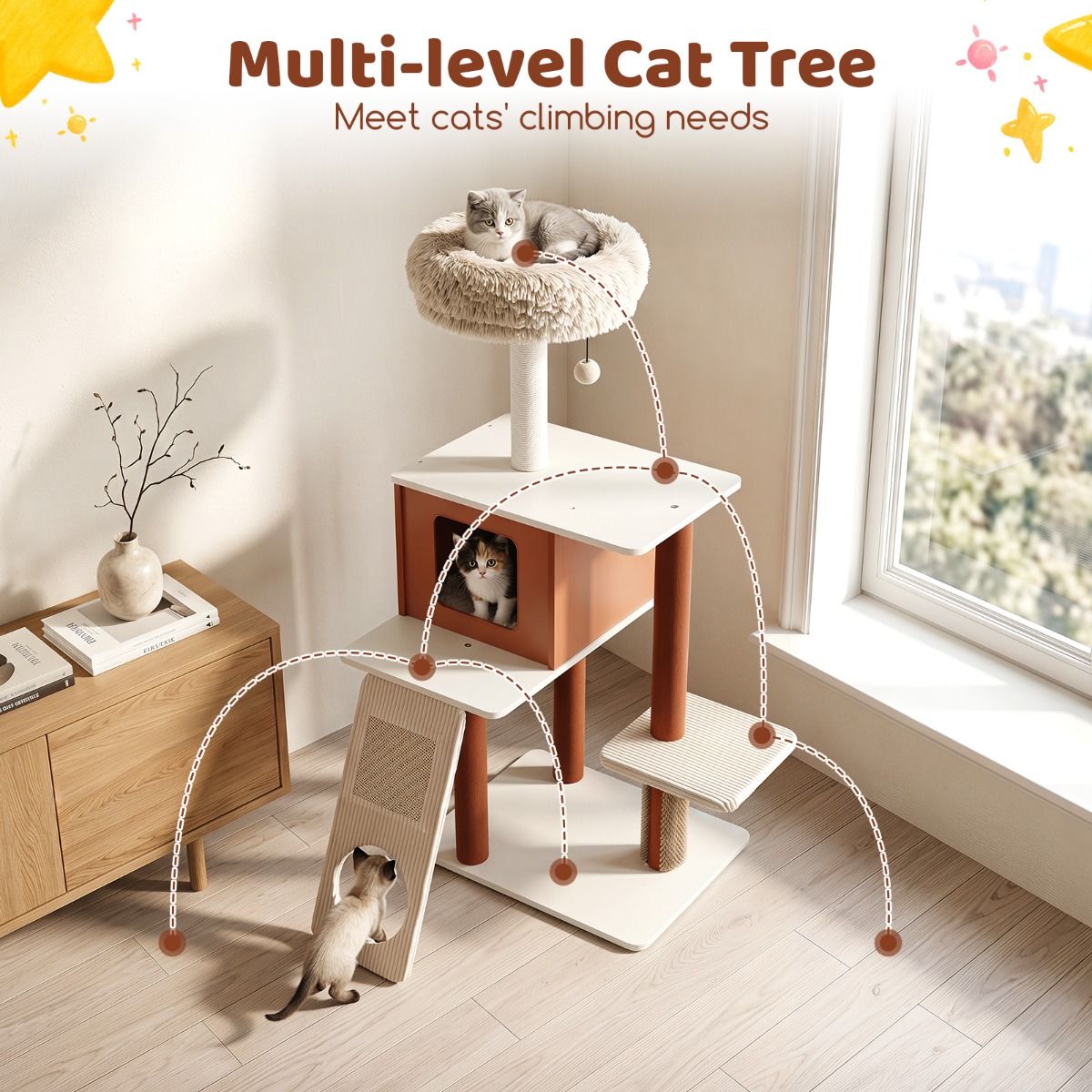 Modern Cat Tree Tower with Scratching Post and Groomer Brush