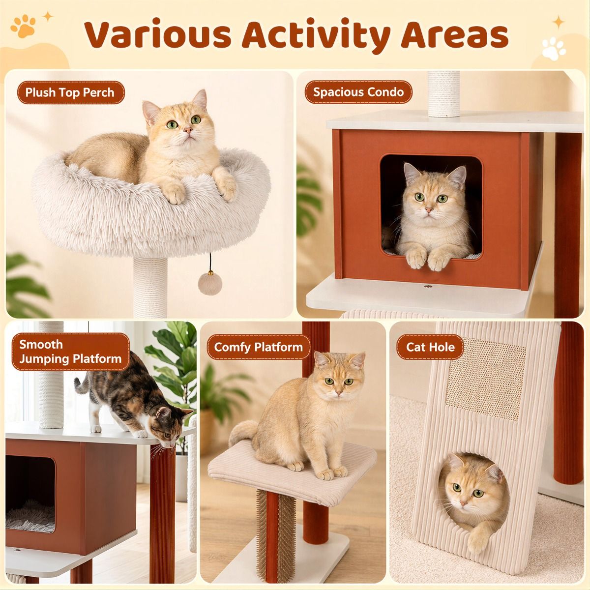 Modern Cat Tree Tower with Scratching Post and Groomer Brush