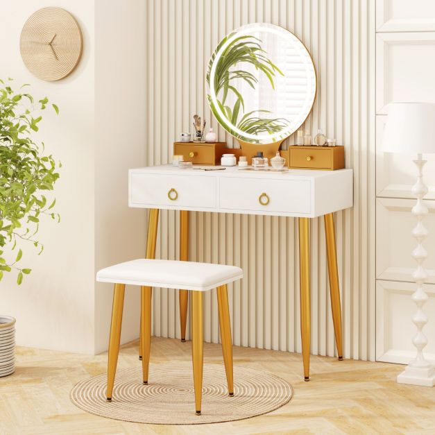 Modern Makeup Vanity Desk Dressing Table with 3-Color Lighted Mirror