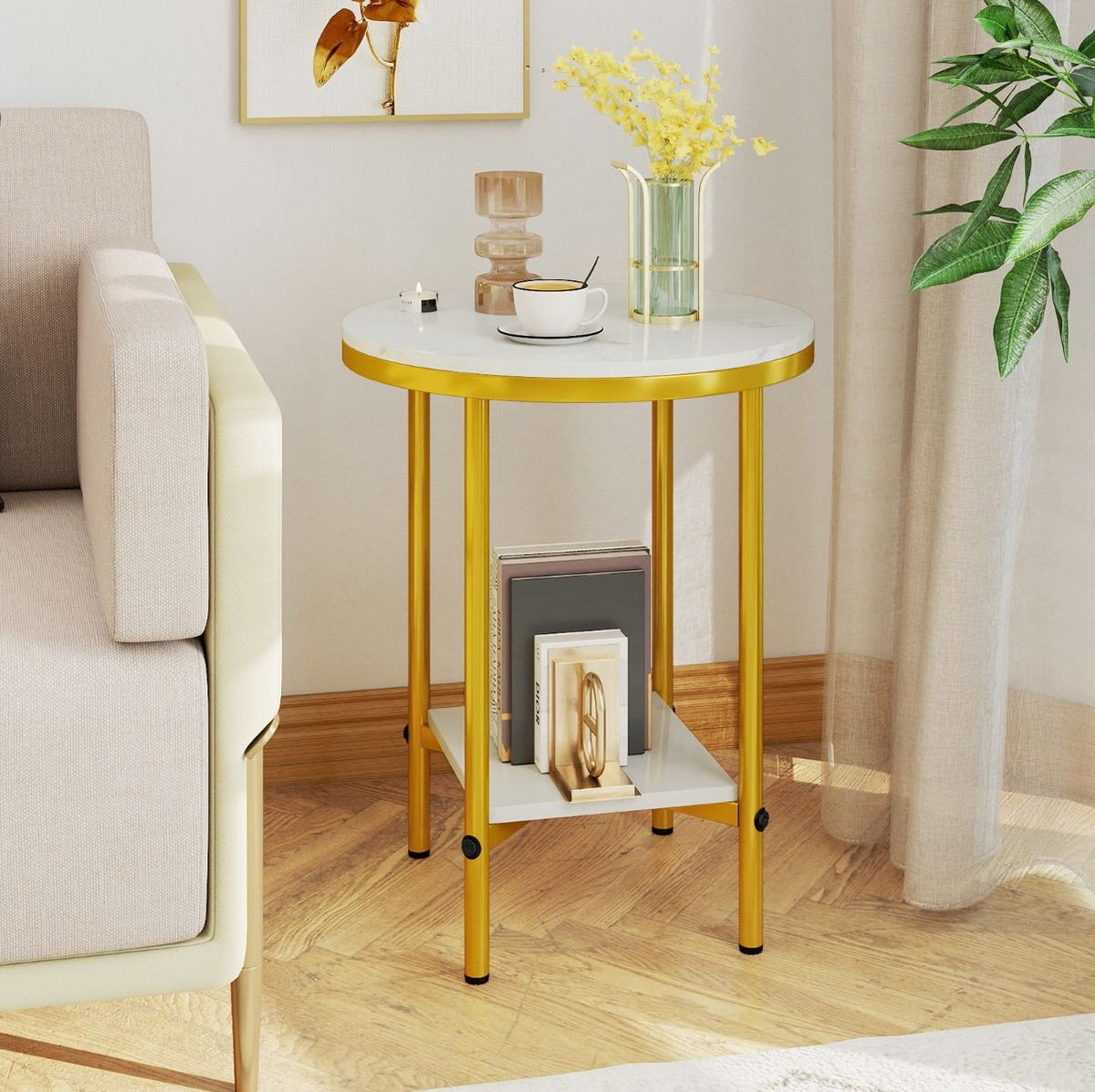 Modern Round End Table with Faux Marble Top and Bottom Storage Shelf