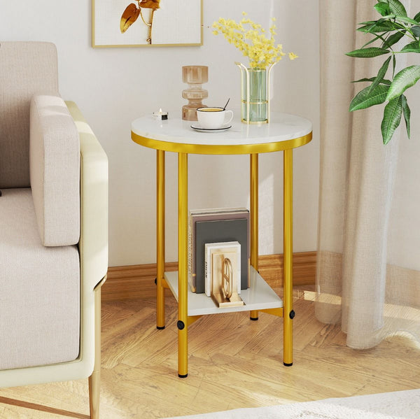 Modern Round End Table with Faux Marble Top and Bottom Storage Shelf