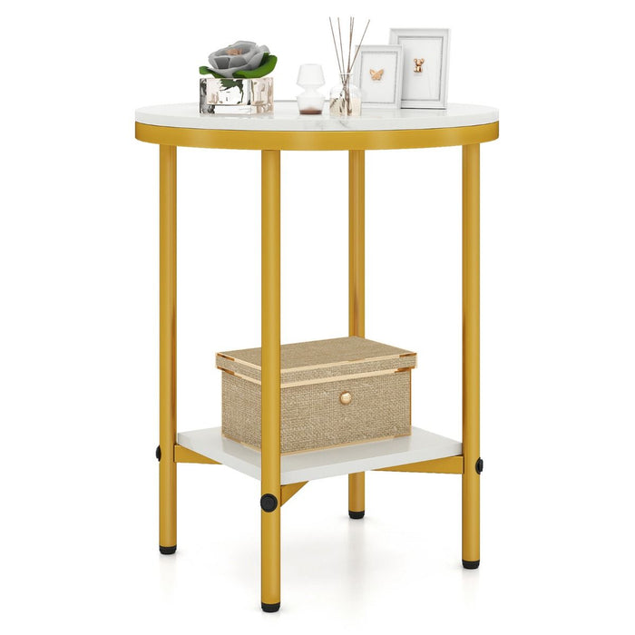 Modern Round End Table with Faux Marble Top and Bottom Storage Shelf