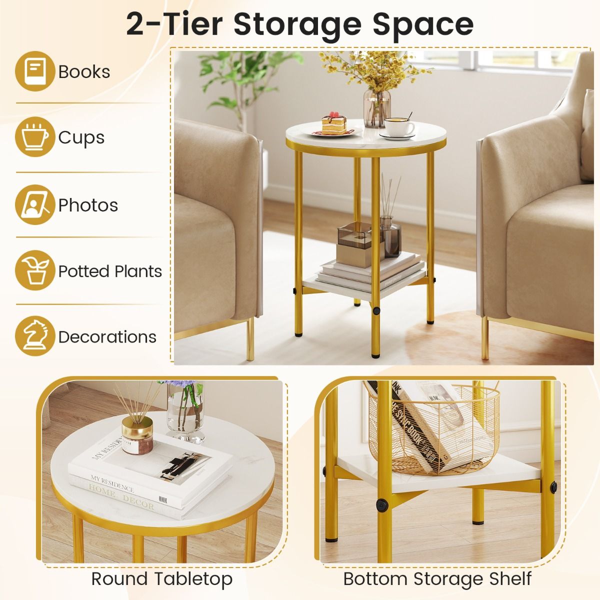 Modern Round End Table with Faux Marble Top and Bottom Storage Shelf