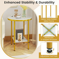 Modern Round End Table with Faux Marble Top and Bottom Storage Shelf