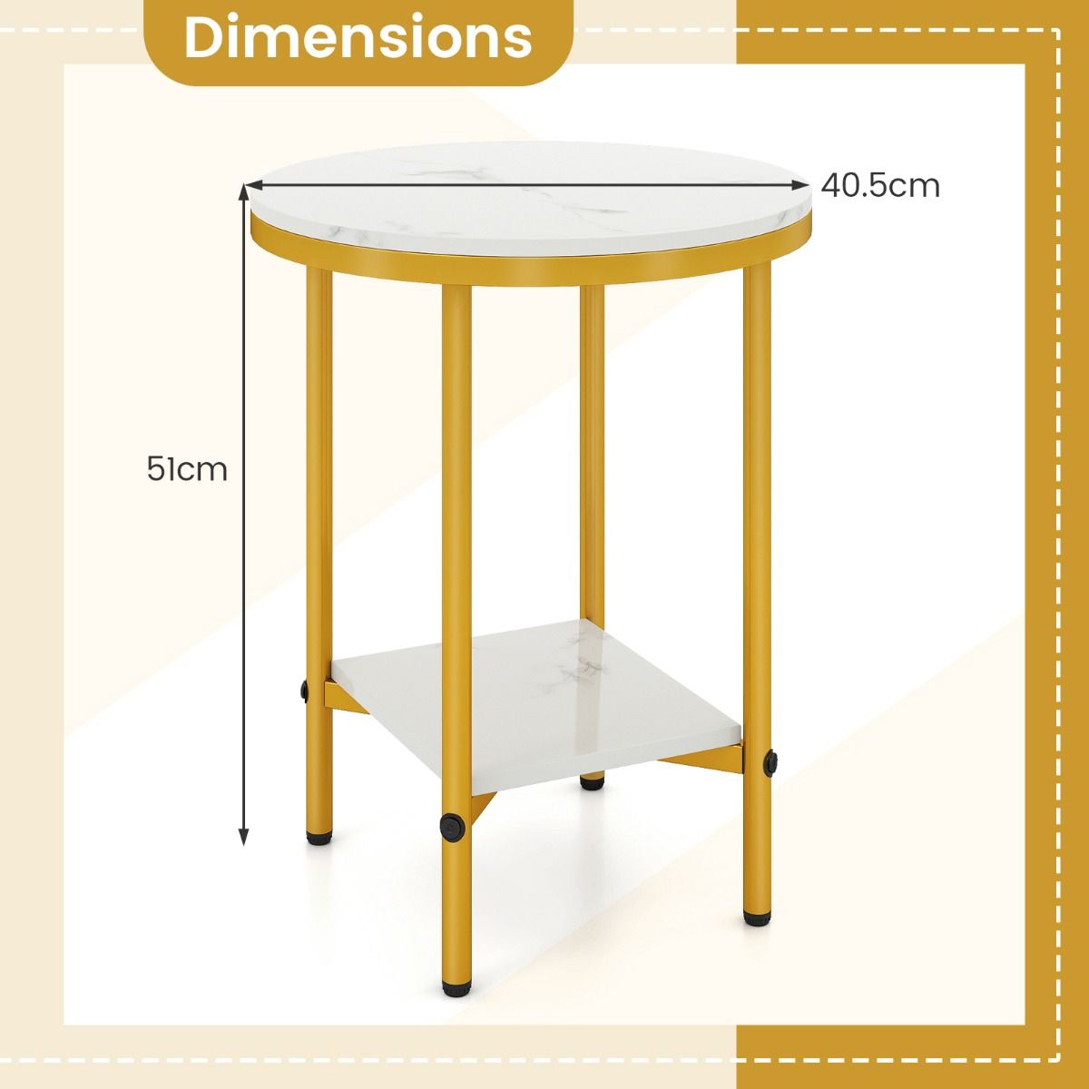 Modern Round End Table with Faux Marble Top and Bottom Storage Shelf
