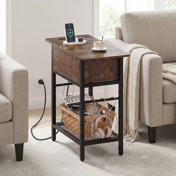Narrow End Table with Charging Station Compartment