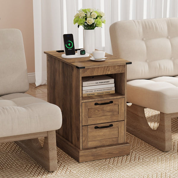 Narrow Side Table with Open Storage Shelf and 2 Drawers