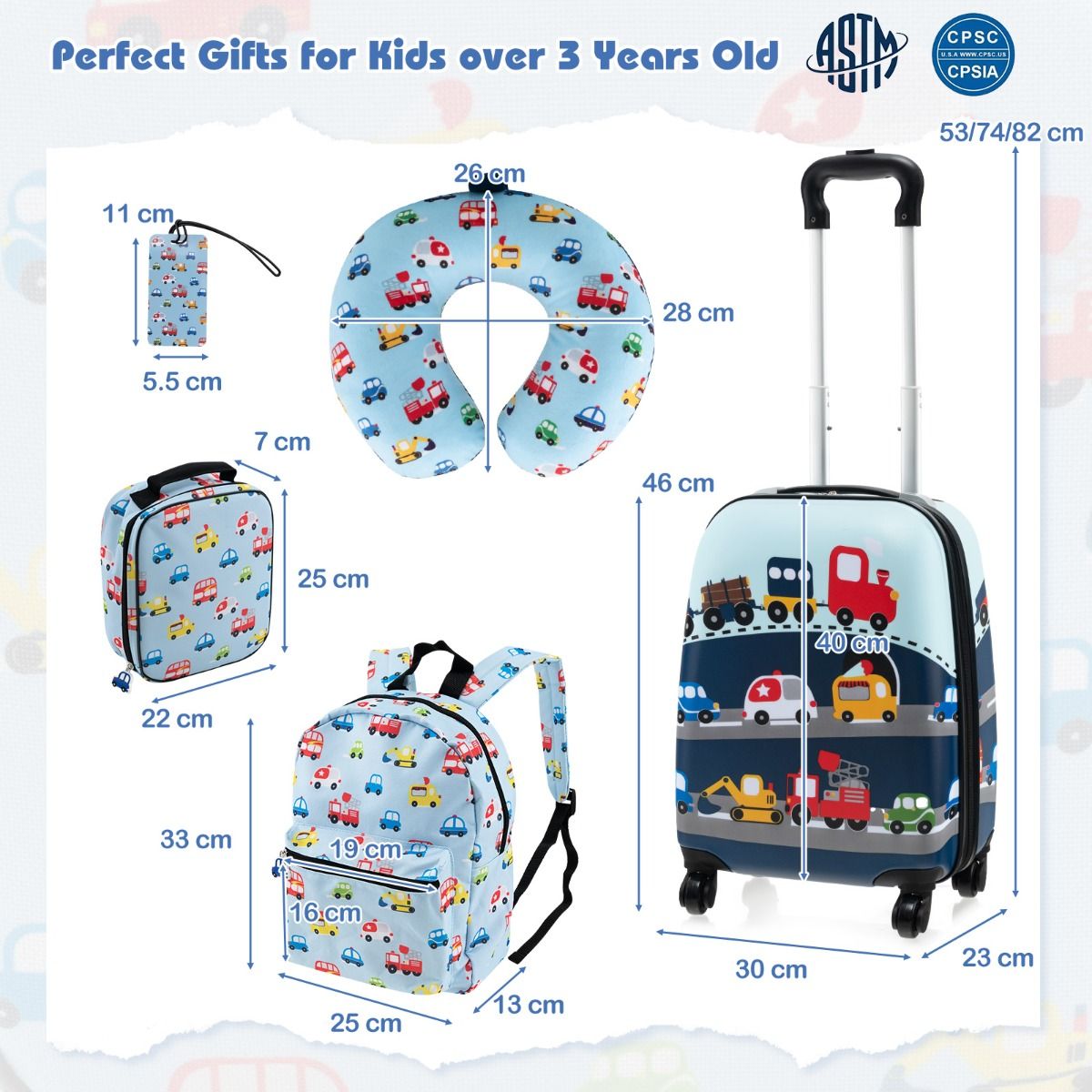 5 Piece Kids Luggage Set with Backpack and Neck Pillow & Name Tag