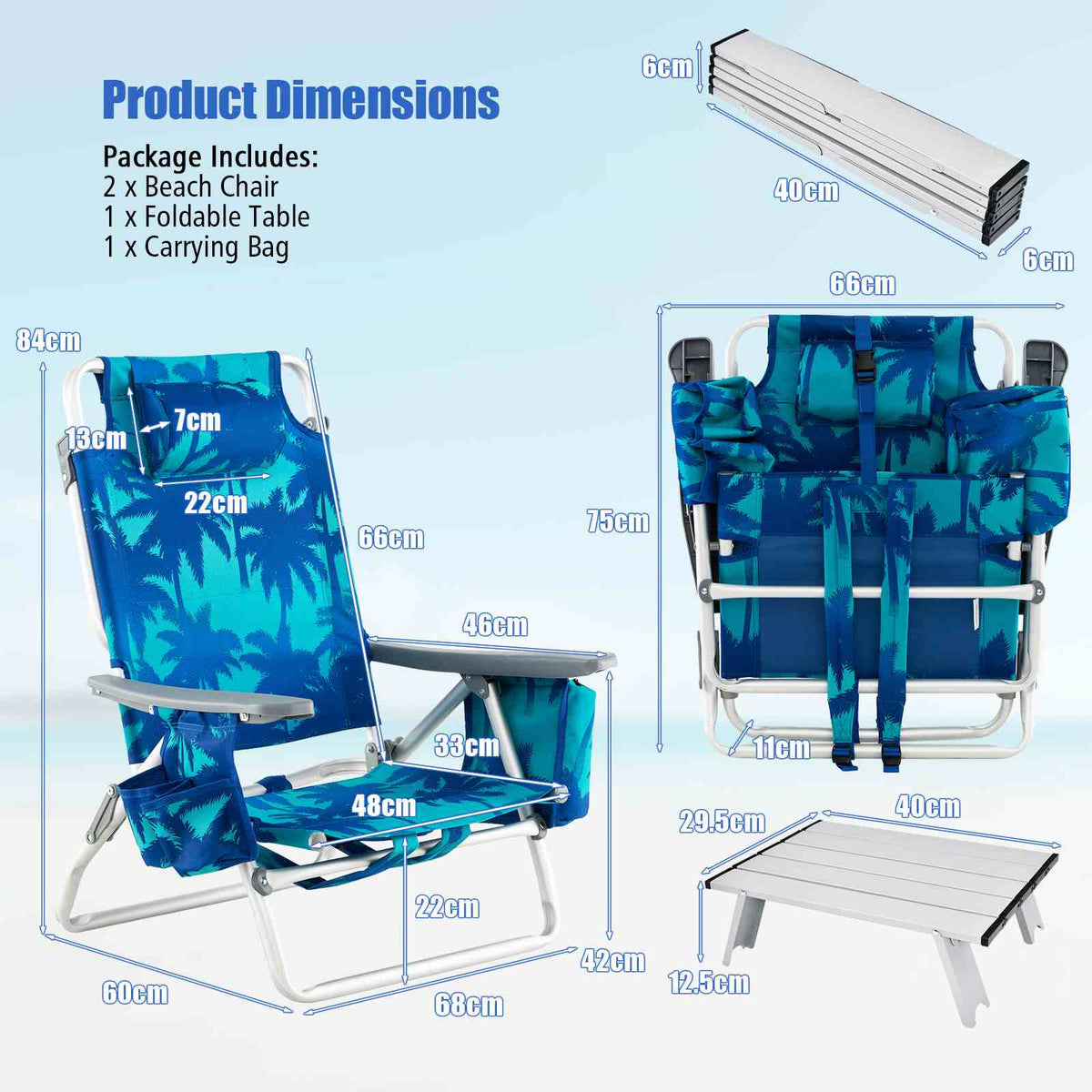 Giantex 2-Pack Folding Backpack Beach Chair Table Set 5-Position Outdoor Reclining Chair