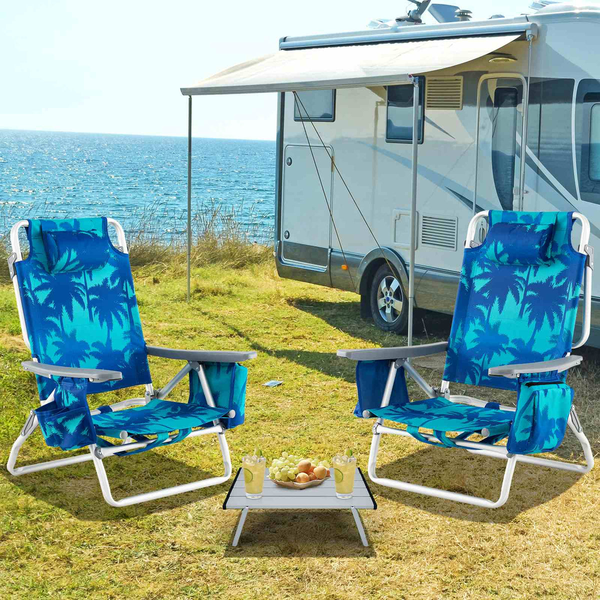 Giantex 2-Pack Folding Backpack Beach Chair Table Set 5-Position Outdoor Reclining Chair
