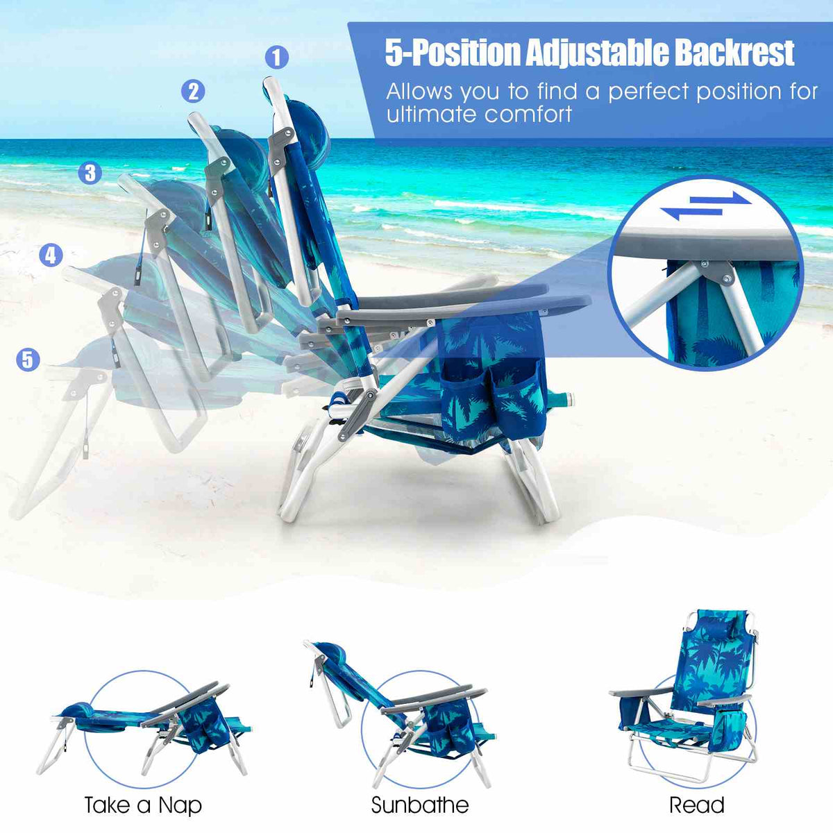 Giantex 2-Pack Folding Backpack Beach Chair Table Set 5-Position Outdoor Reclining Chair