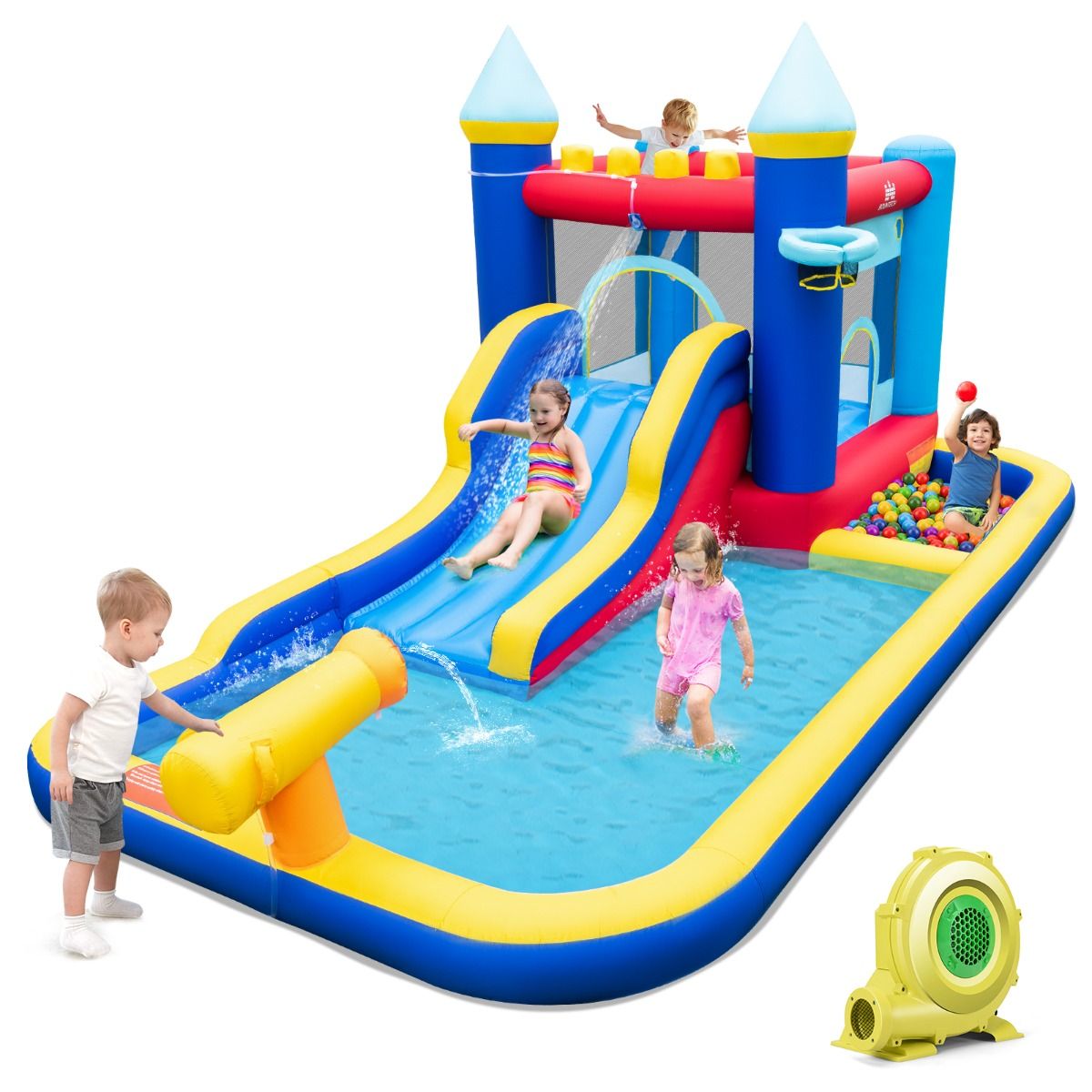 Inflatable Water Slide, Jumping Castle Water Park w/Slides, Jumping House, Ocean Ball Pit, Splash Pool (Without Blower)