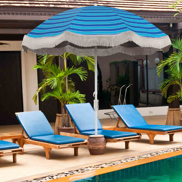 2M Outdoor Tassel Beach Umbrella with Fringe, Vintage Heavy Duty, Pool/Deck/Yard