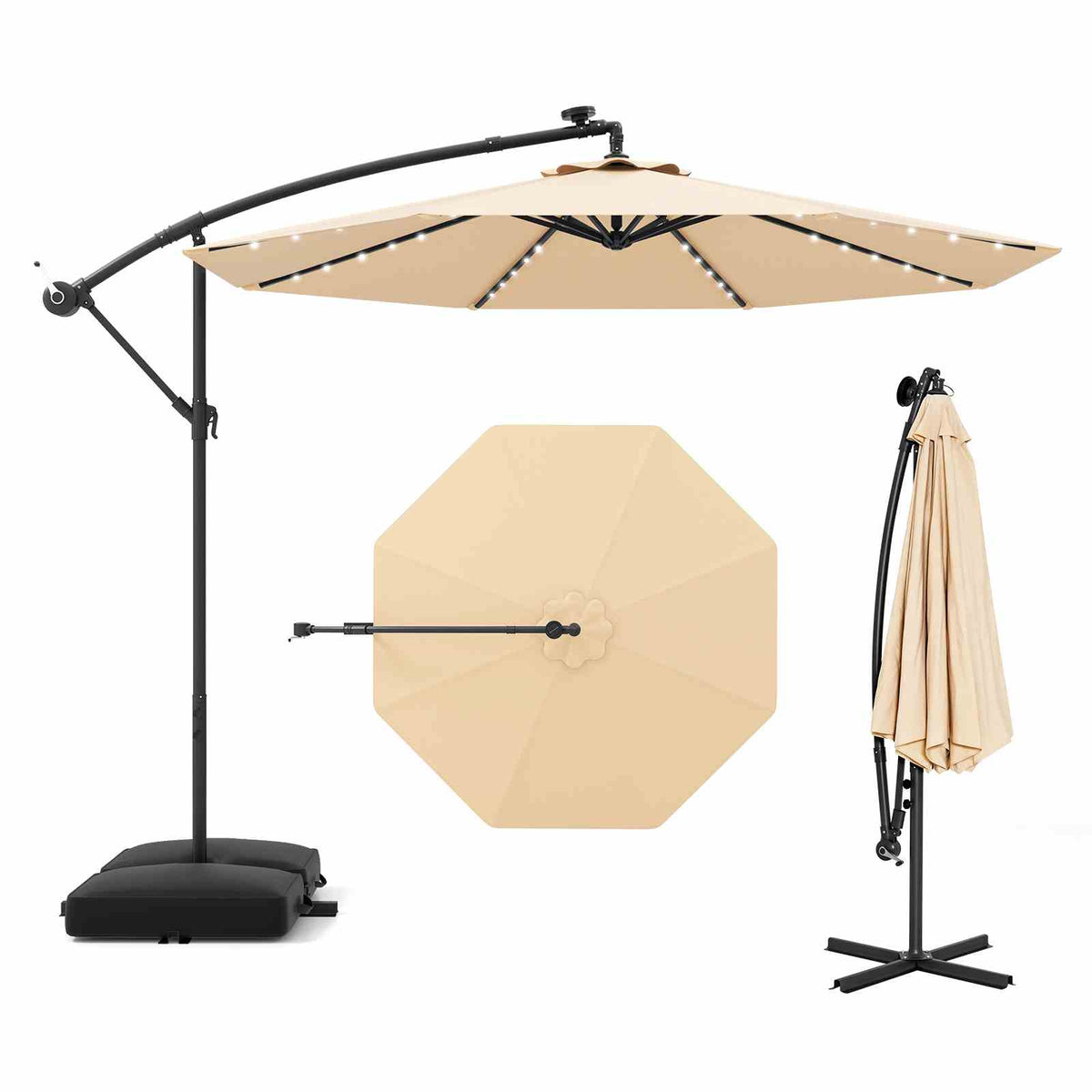 Outdoor Patio 3m Hanging Offset Umbrella w/ 32 LED Lights & Water-proof Canopy