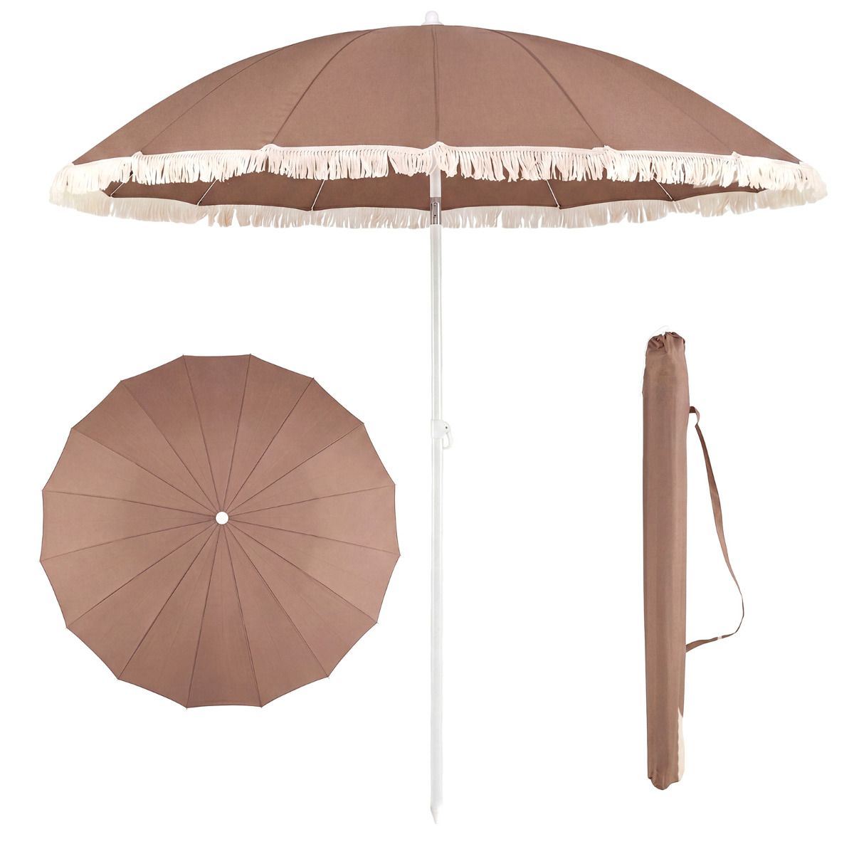 215cm Patio Umbrella with Fringe Boho Tassel Umbrella for Outdoor