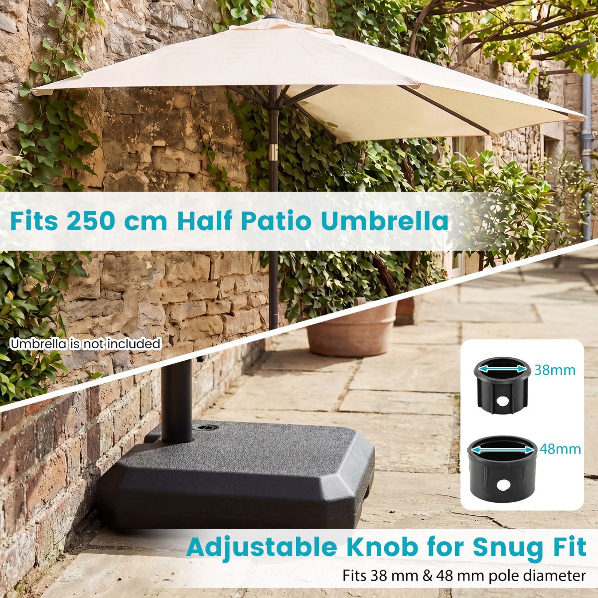 Umbrella Base for Half Patio Umbrellas 22kg Water and Sand Fillable Umbrella Stand