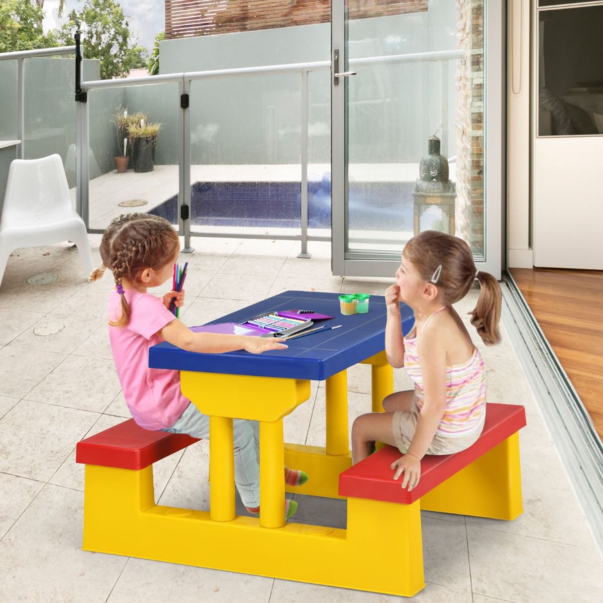 Kids Colorful Picnic Table Set with Removable Umbrella
