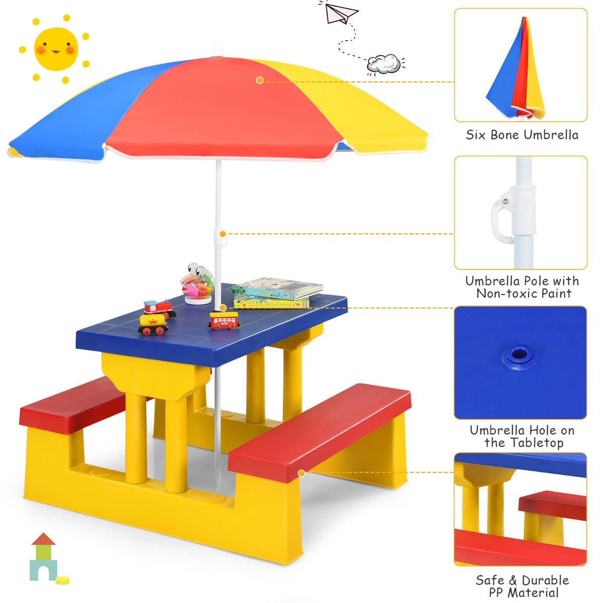 Kids Colorful Picnic Table Set with Removable Umbrella