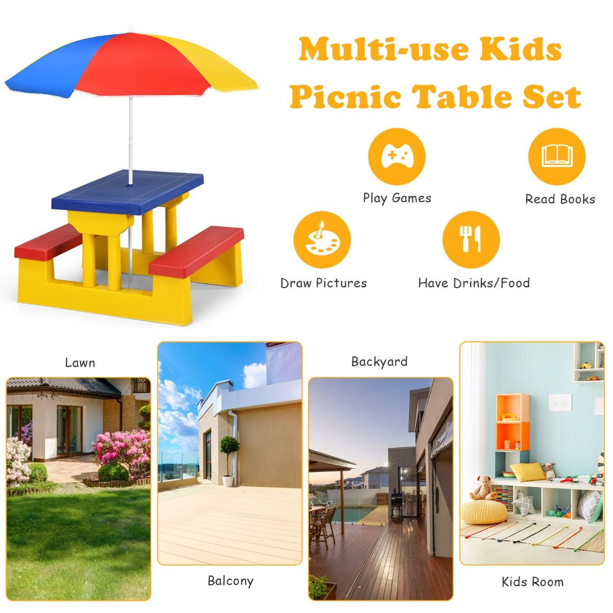 Kids Colorful Picnic Table Set with Removable Umbrella