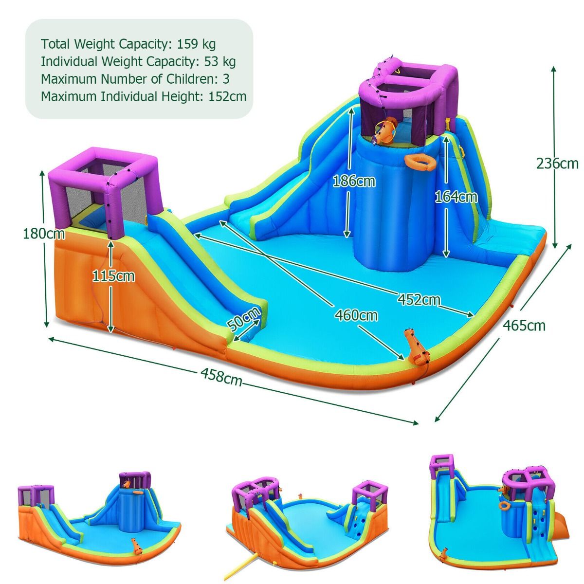 Kids Inflatable Bouncy Castle with Double Slides & Water Guns & Basketball Hoop (without Blower)