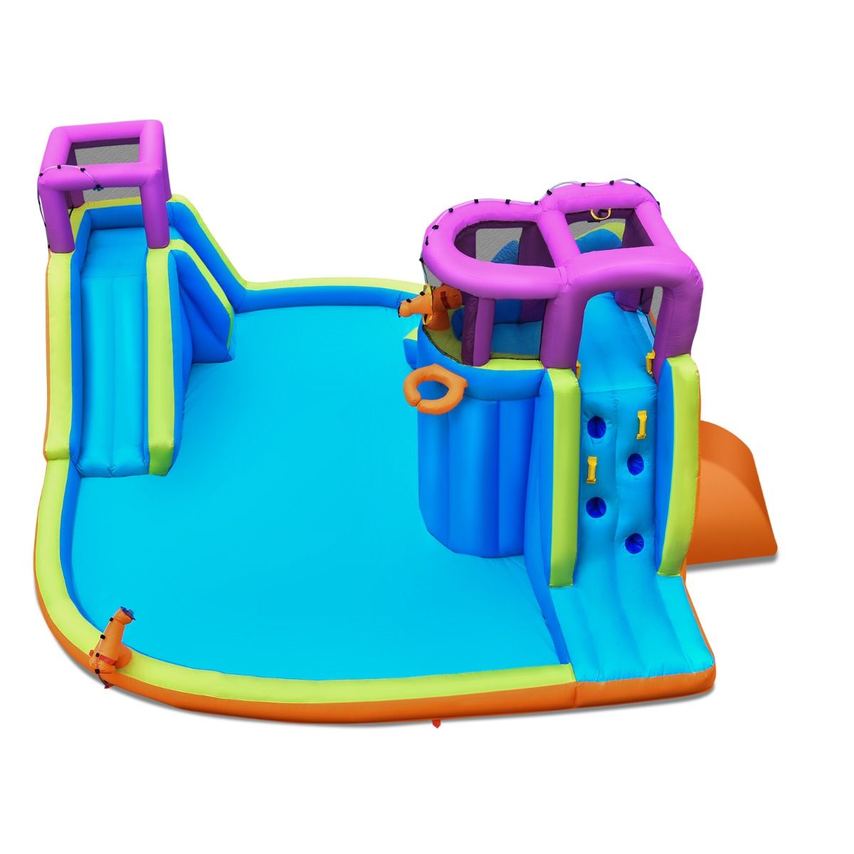 Kids Inflatable Bouncy Castle with Double Slides & Water Guns & Basketball Hoop (without Blower)