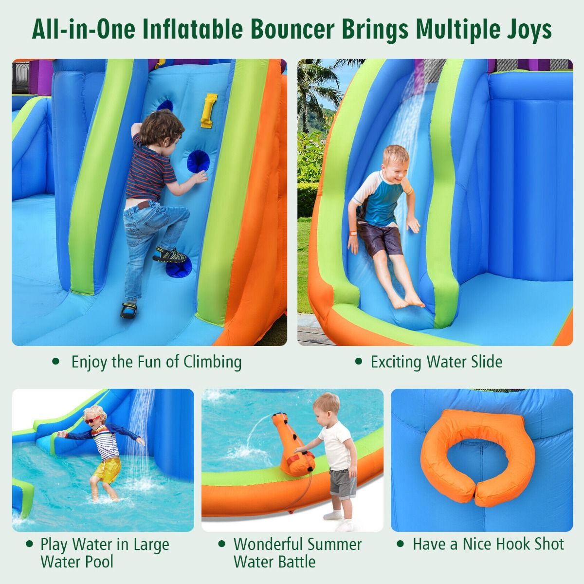 Kids Inflatable Bouncy Castle with Double Slides & Water Guns & Basketball Hoop (without Blower)