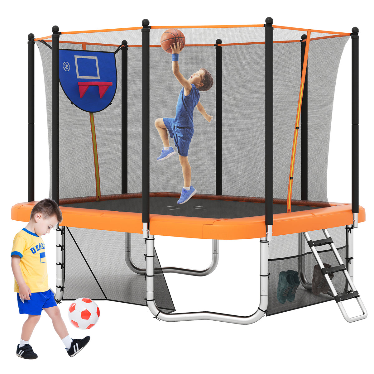 Rectangle Outdoor Trampoline, 10 x 8 FT Heavy-Duty Trampoline with Basketball Hoop