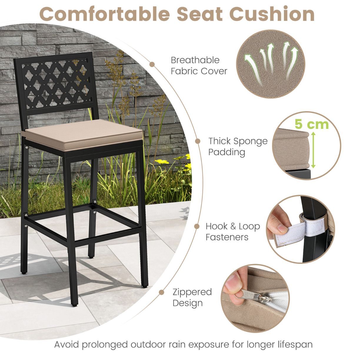 69 cm Outdoor Bar Stools Set of 2 with Removable Cushions
