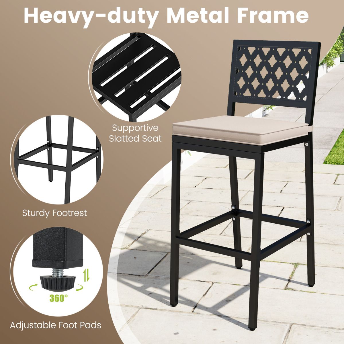 69 cm Outdoor Bar Stools Set of 2 with Removable Cushions