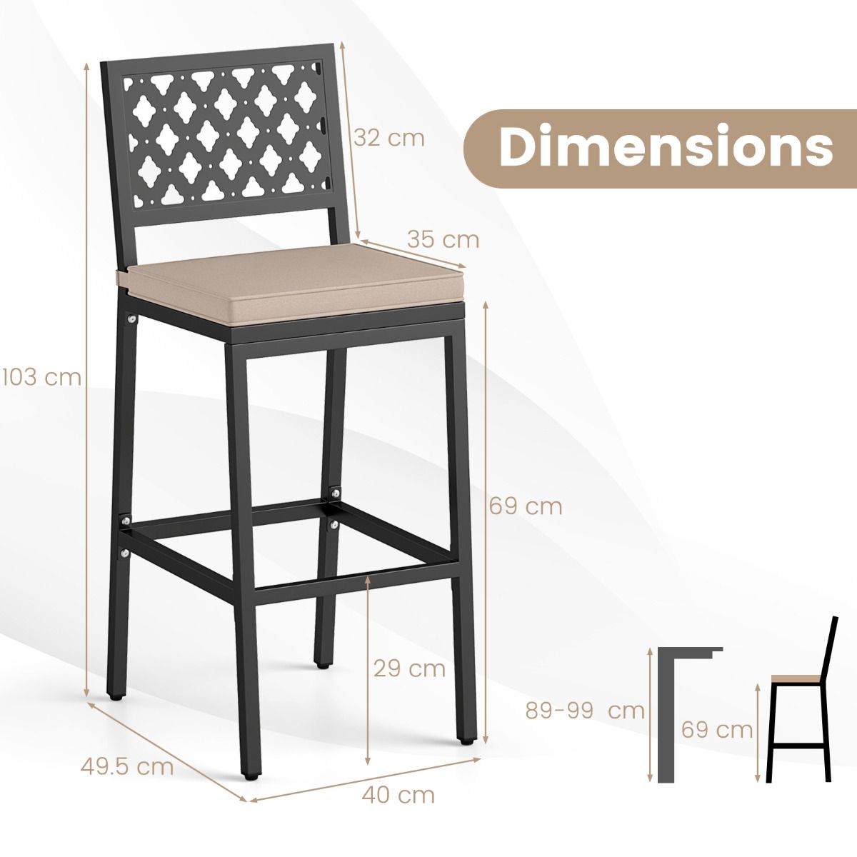 69 cm Outdoor Bar Stools Set of 2 with Removable Cushions