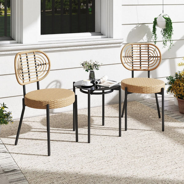 3 Pieces PE Wicker Outdoor Bistro Set with Tempered Glass Coffee Table