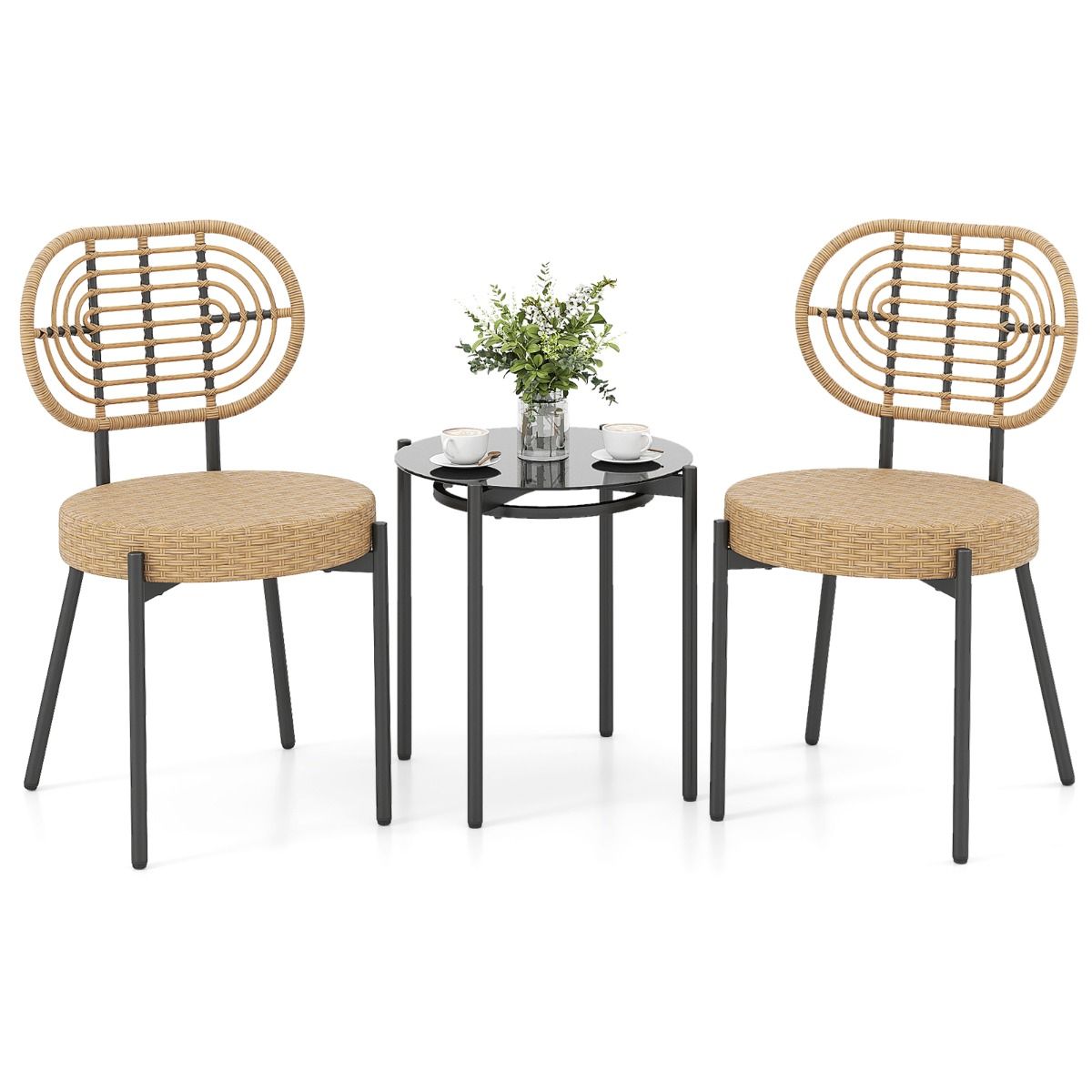 3 Pieces PE Wicker Outdoor Bistro Set with Tempered Glass Coffee Table