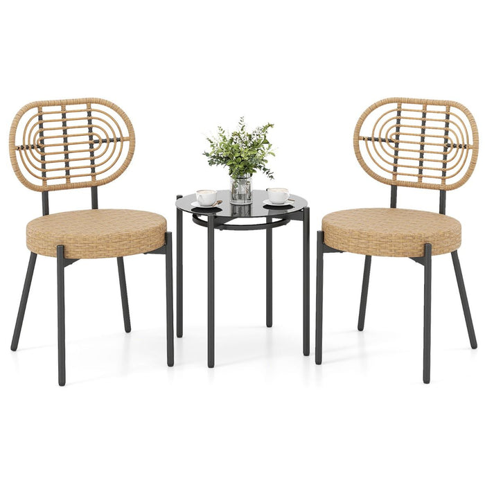 3 Pieces PE Wicker Outdoor Bistro Set with Tempered Glass Coffee Table